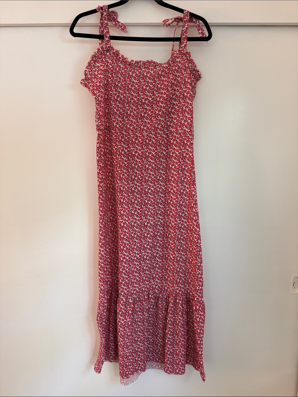 Vintage Red Floral Tie-Shoulder Midi Dress